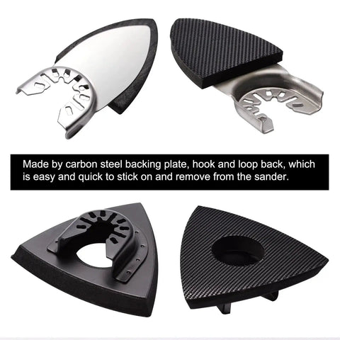 Oscillating Tool Sanding Pads Kit With Triangle And Finger Pads 100 Pcs Grit Set, featuring carbon steel backing for durability.