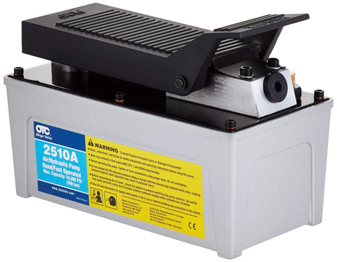 OTC 2510A Stinger 10,000 PSI Foot Operated Air/Hydraulic Pump for Rams, Presses, & Hydraulic Pullers, CHROME, on a white background.