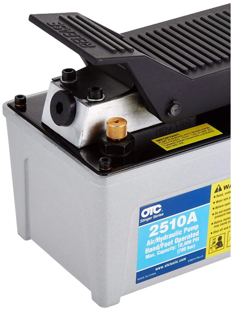 OTC 2510A Stinger 10,000 PSI Foot Operated Air/Hydraulic Pump in chrome, close-up of foot pedal and label.