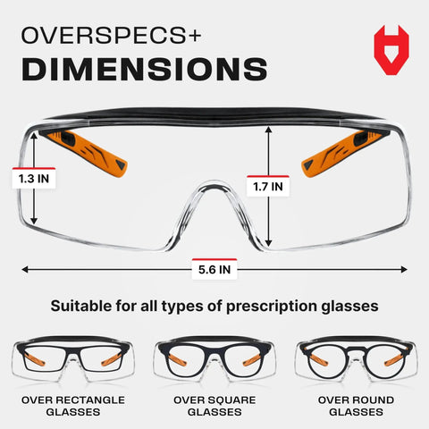 Safety Glasses Over Eyeglasses with Integrated Side Shields UV400 ANSI Z87 dimensions and fitting diagram