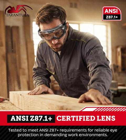 Man wearing OTG Safety Goggles Over Glasses ANSI Z87.1 Plus Anti Fog UV380 Lenses Grey while working with wood