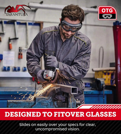 Worker using power tool wearing OTG Safety Goggles Over Glasses ANSI Z87.1 Plus Anti Fog UV380 Lenses Grey in workshop
