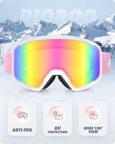 OTG Ski Goggles With Anti Fog Lenses And UV Protection Dual Venting Red White against snowy mountain background