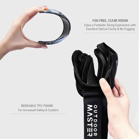 Bendable frame of OTG Ski Goggles Over Glasses For Men Women Youth Anti Fog UV Protection Lens being flexed