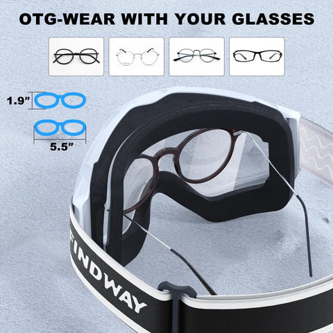OTG Ski Goggles With Double Lens showing space for glasses, anti fog ventilation, UV protection, suitable for winter sports.