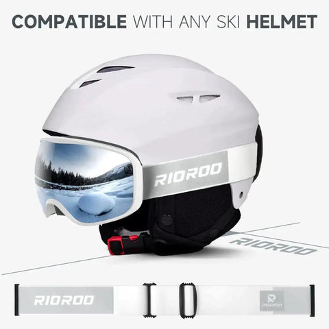 White OTG Ski Goggles For Men Women Wide Vision Anti Fog UV Protection shown with compatible helmet.
