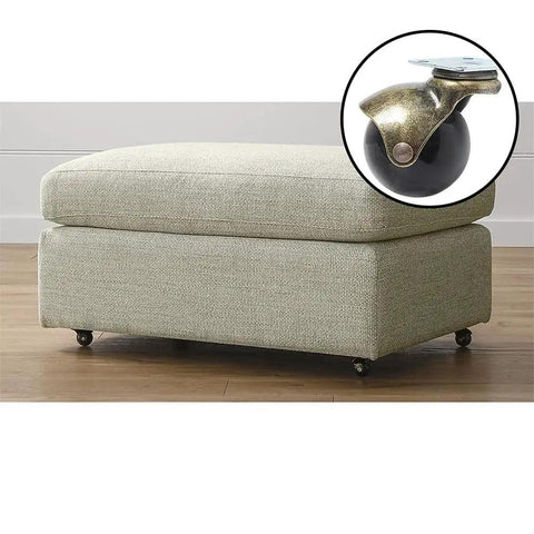 1.5 Inch Ball Caster Wheels Set Of 4 With Antique Brass Top Plate Castors For Coffee Table And Ottoman installed on ottoman, close-up view