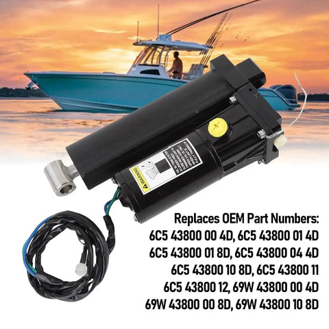 Side view of Qqmora power trim tilt assembly for outboard motor, black aluminum housing with wiring harness