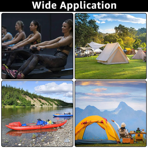 Collage: women on rowing machines, camping tents on grass, red kayaks on riverbank, person relaxing by mountain view