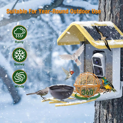 Metal Two In One Suet Ball Holder And Water Bowl For Birds installed outdoors on smart feeder during winter