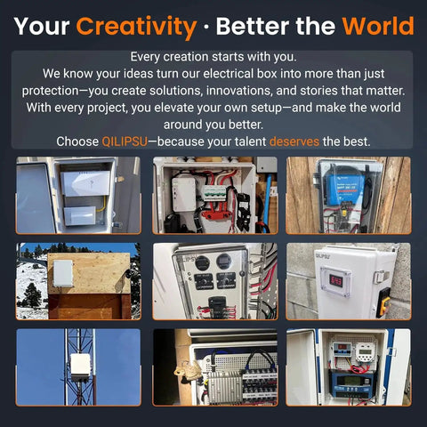 Series of images showing UL94 V0 Outdoor Electrical Box 11.4 x 7.5 x 5.5 Inches installed in various outdoor settings.