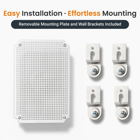 Outdoor Electrical Box IP67 Waterproof Junction Box With ABS Plastic Enclosure, removable mounting plate, and wall brackets shown.