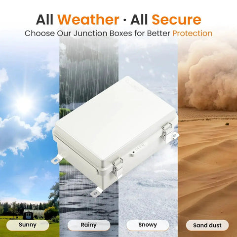 UL94 V0 Outdoor Electrical Box 11.4 x 7.5 x 5.5 Inches Pro Waterproof Weatherproof Junction Enclosure with grey door, shown in various weather conditions