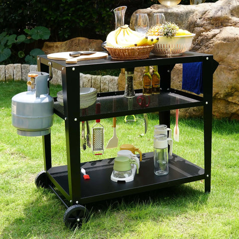 Heavy Duty Outdoor Grill Cart With Wheels And 3 Tier Prep Table For Pizza Oven And Griddle On The Patio With Tool Hooks 42 Inch Main Workspace Heat Resistant Up To 500 Degrees Rustproof Carbon Iron Construction Leetolla