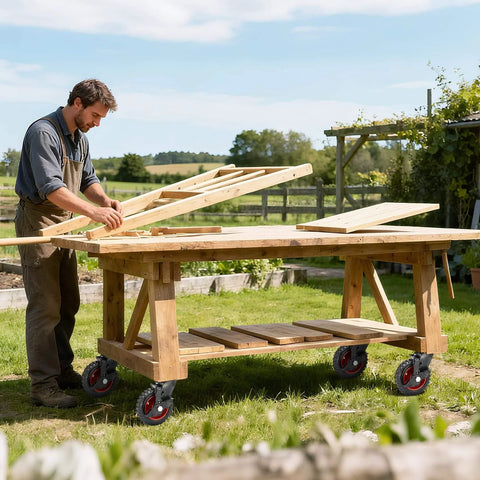 Man working with wooden planks on a mobile workbench using 6 Inch Outdoor Heavy Duty Caster Wheels Set of 4 with Brakes