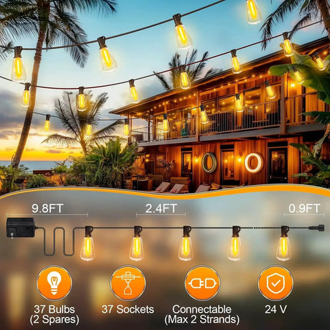 Brighten patios and yards with 100 ft weatherproof LED string lights, 37 ST38 bulbs, a warm 2700K glow, remote dimming, connectable