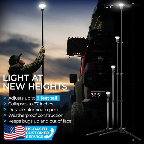 Person using Outdoor LED Tripod Lantern With 1200 Lumens Adjustable 9 Foot Height Grab And Go Camping Light For Hiking Backyard And Emergencies Long Battery Life Rugged Aluminum Build Easy Setup near a car.