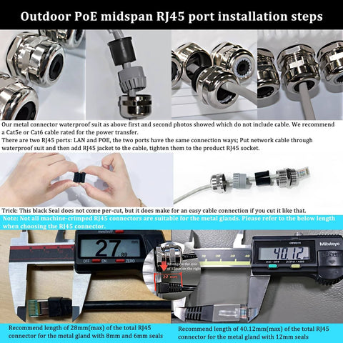 Stainless Steel Waterproof Cable Gland with IP68 Rating installed in RJ45 port, showing adjustable 6-12mm range and connectors.