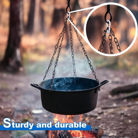 Outdoor cooking pot hanging over fire with chains secured by 20 Pcs 304 Stainless Steel Spring Clasp Carabiners M4 Heavy Duty Hooks