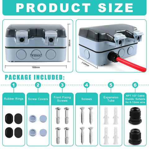 Dimensions and included parts of Outdoor Electrical Outlet With Switch And LED Indicator 15A 110-250V IP66 Waterproof Box