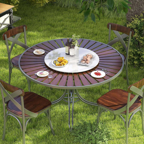 23.6 inch sintered stone lazy susan turntable in white on a round outdoor dining table with food and drinks.