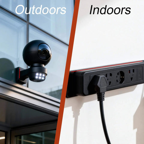 Comparison of outdoor security camera and indoor power strip installation.