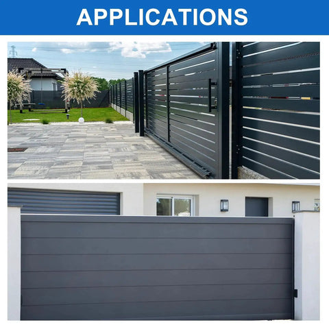 Image of modern sliding gate applications using Two Pack Adjustable L Shaped Brackets For Sliding Doors With Right Angle Guide Roller Mount