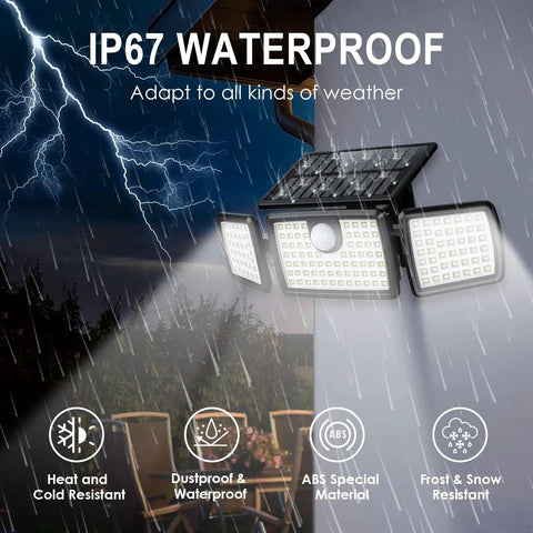 Three Head Outdoor Solar Flood Lights With Motion Sensor and 270 Degree Wide Coverage 2500 Lumens IP65 Weatherproof. Image shows waterproof lighting with three adjustable heads in a storm.