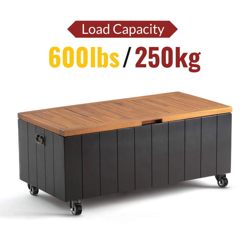 Wooden storage bench on 2 inch swivel caster wheels with 600 lbs capacity, featuring polyurethane non-marking wheels.