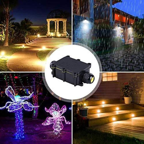 Rugged Outdoor Waterproof IP68 Junction Box for Electrical Wiring, 2 Way Plug, shown in various LED display settings.