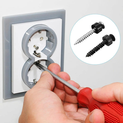Person installing a wall receptacle with a screwdriver, showing two types of screws for comparison.