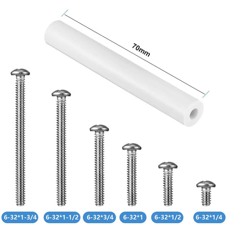Outlet Spacer Kit With 60 White Spacers And 90 6-32 Thread Round Head Screws In Six Lengths For DIY Friendly Household And Industrial Electrical Installations, Easy To Install, Replacement Pack For Quick Fixes with screws and spacer shown.