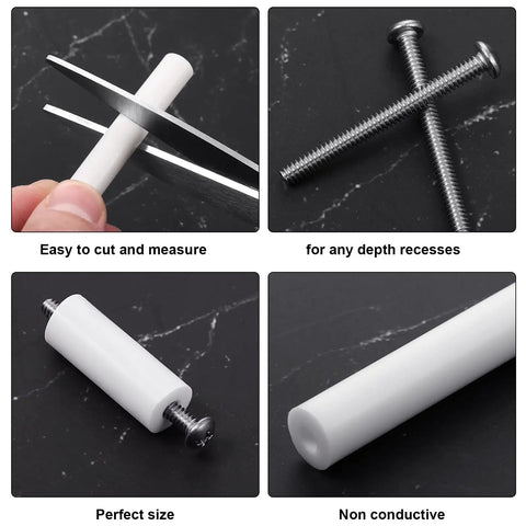 Outlet Spacer Kit With 60 White Spacers And 90 6-32 Thread Round Head Screws In Six Lengths For DIY Friendly Household And Industrial Electrical Installations, Easy To Install, Replacement Pack For Quick Fixes showing cutting, screws, and assembled view