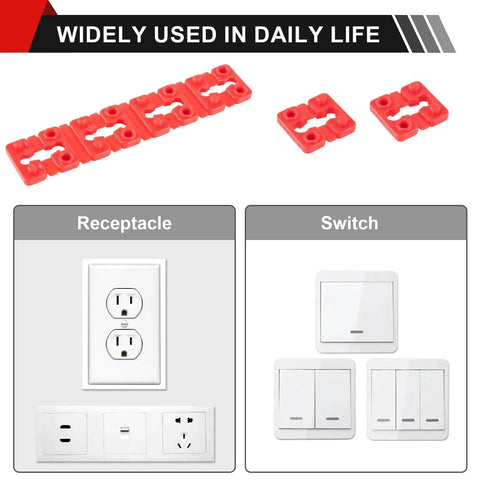 Outlet Box Spacers Kit 48 Pack for Loose Outlets and Switches, Wall Plate Stabilizers, Tile Backsplash Extenders shown with outlets