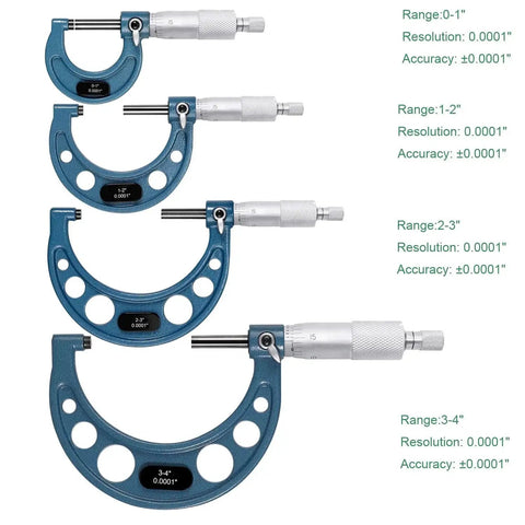 Four-piece Outside Micrometer Set 0 To 4 Inch 0.0001in Graduation Carbide Anvils Case displayed vertically with range labels.