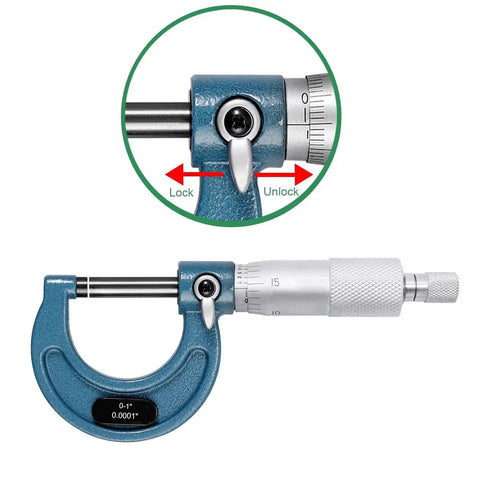 Close-up of Outside Micrometer Set 0 To 4 Inch 4 Piece 0.0001in Graduation Carbide Anvils Case showing lock mechanism and measurements.