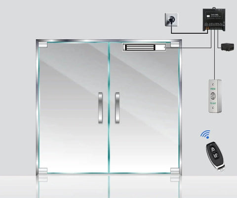 Glass doors with the Outswinging Door Access System With 600lbs Magnetic Lock Kit, alarm, remote controller, and exit button.