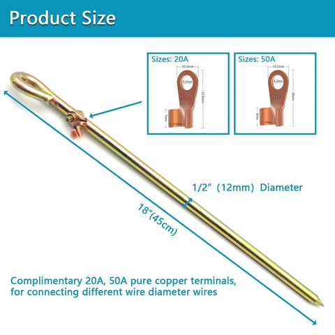 Portable Ground Rod With Ground Wire Lug Half Inch Diameter And 18 Inch Length Oval Eye Design Displayed on Size Chart