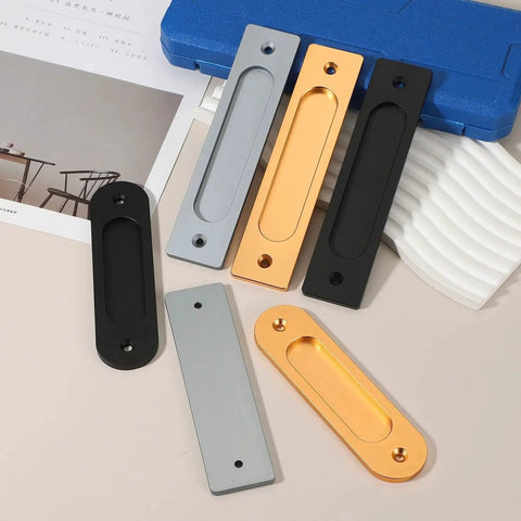 Assorted colors of 6-inch Oval Recessed Sliding Door Finger Flush Pulls with screws displayed on a surface.