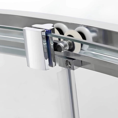 Close-up of 7/8 inch oval shower door roller replacement set installed, showing smooth rolling nylon wheel and support hardware.