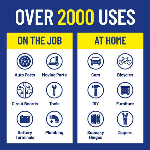 Infographic showing over 2000 uses for EZ Reach Flexible Straw Multi Use Lubricant for job and home applications by WD-40.