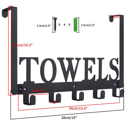 Over the Door Towel Rack Black Metal Holder for Bathroom and Bedroom with TOWELS text, dimensions, and hooks view