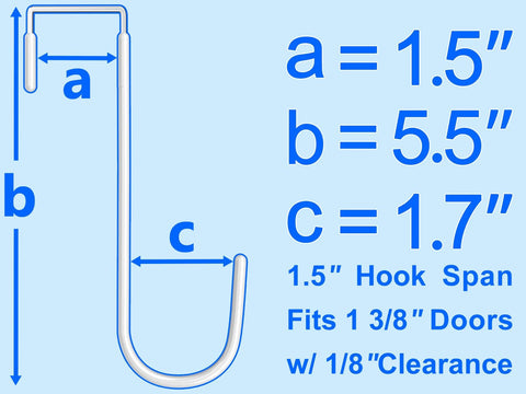 Illustration of a door hook with dimensions a=1.5", b=5.5", c=1.7" showing fit for 1 3/8" doors with 1/8" clearance.