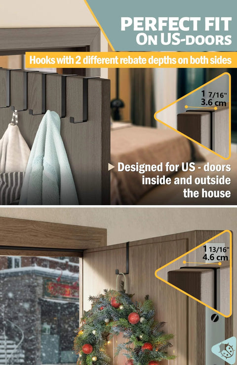 Over the Door Hooks 10 Pack Two Sided Fit 1 3/8 and 1 3/4 Doors with towels and wreath hanging on bedroom door