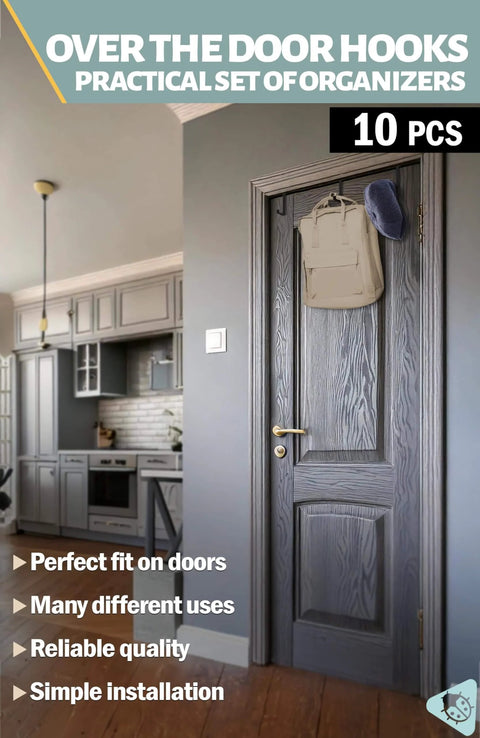 Over the Door Hooks 10 Pack Two Sided Fit 1 3/8 and 1 3/4 Doors with Anti Scratch Pads on a grey wooden door in a kitchen