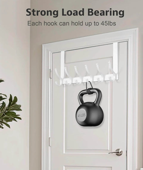 Overdoor hooks holding a 45 lb weight with "Strong Load Bearing" text above showing load capacity.
