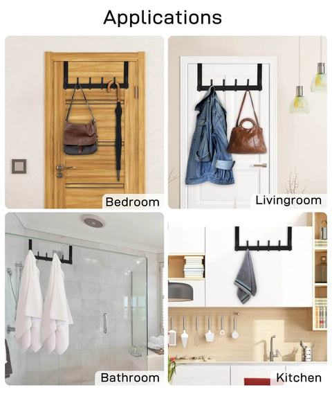 Over-the-door hooks used in bedroom, living room, bathroom, and kitchen for hanging bags, coats, towels, and utensils.
