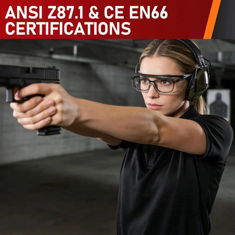Woman wearing Over Eyeglasses Safety Glasses With Anti Fog ANSI Z87.1 UV And Adjustable Arms at a shooting range.