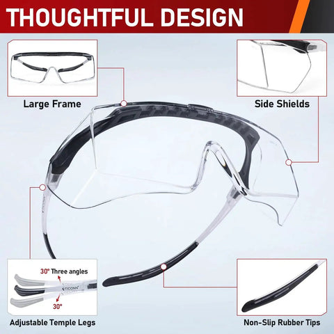 Over Eyeglasses Safety Glasses With Anti Fog ANSI Z87.1 UV And Adjustable Arms, featuring large frame and side shields