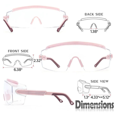 Dimensions of Over Glasses Safety Goggles With Anti Fog Clear Wraparound Lens ANSI Z87.1 in front, back, side views